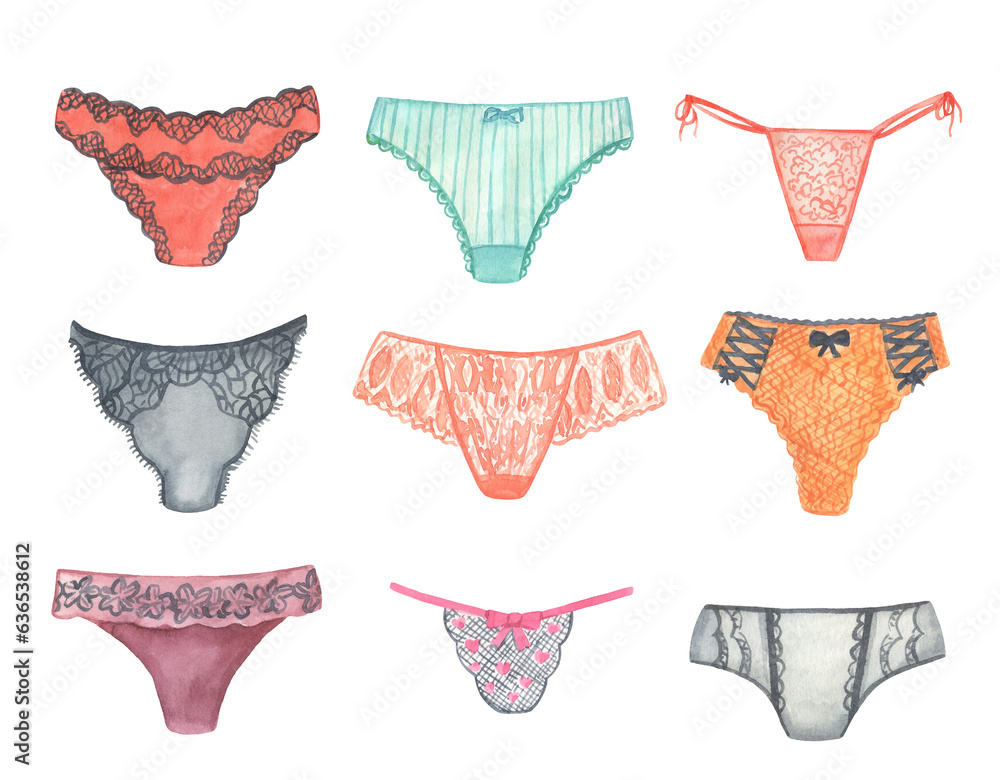 Female underpants isolated on white background. Woman pants different types. Watercolor set. Female underpants isolated on white background. Woman pants different types. Watercolor set.