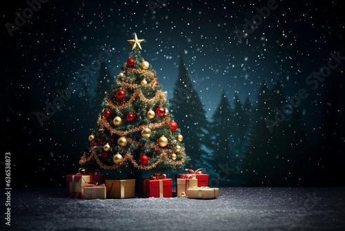 Seasonal Illuminated Christmas Tree in snow with presents under the tree. Created using generative AI