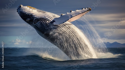  a humpback whale jumping out of the ocean water.  generative ai © Olga
