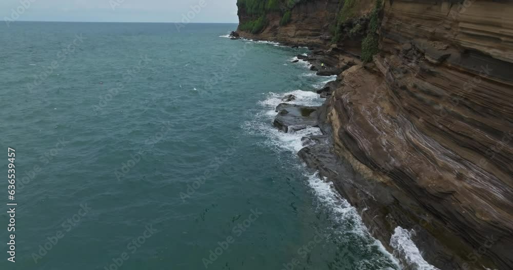 top view of the cliffs by the sea waves crashing against rocks,two people standing on rocks sea fishing top view of the cliffs by the sea waves crashing against rocks,two people standing on rocks sea fishing