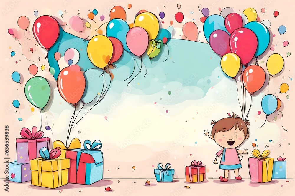 Colorful child birthday card with balloons and gifts, with space for text Colorful child birthday card with balloons and gifts, with space for text