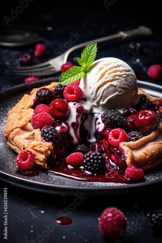 Delicious Galette with Berries and Vanilla Ice Cream 