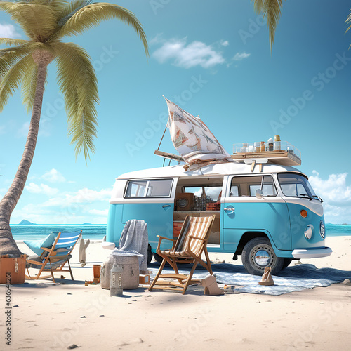 Ready for summer travel. Blue van with deck chair and beach accessory 3D Rendering, 3D Illustration Generative AI  © landstar