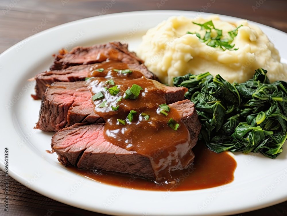 Delicious comfort food ketogenic meal prime rib with gravy, cauliflower mash, and sauteed spinach Delicious comfort food ketogenic meal prime rib with gravy, cauliflower mash, and sauteed spinach