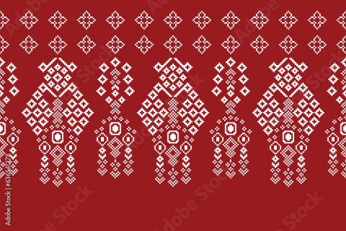 Ethnic geometric fabric pattern Cross Stitch.Ikat embroidery Ethnic oriental Pixel pattern red background. Abstract,vector,illustration. Texture,clothing,frame,decoration,motifs,silk wallpaper.