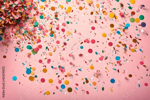 Birthday, party, celebration, New Year or Christmas celebration concept. Multicolored confetti falling against pastel colored pink background