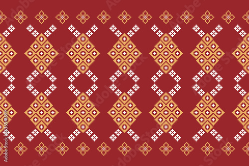 Ethnic geometric fabric pattern Cross Stitch.Ikat embroidery Ethnic oriental Pixel pattern red background. Abstract,vector,illustration. Texture,clothing,frame,decoration,motifs,silk wallpaper.