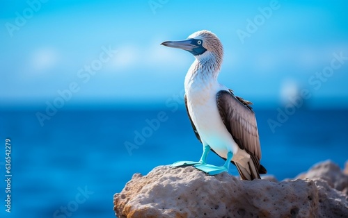 Adorable Blue Footed Booby on Rock Against Blurred Blue. Generative AI