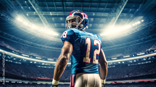 Back view american football player standing in the middle of stadium, confident strong american football player walking on field