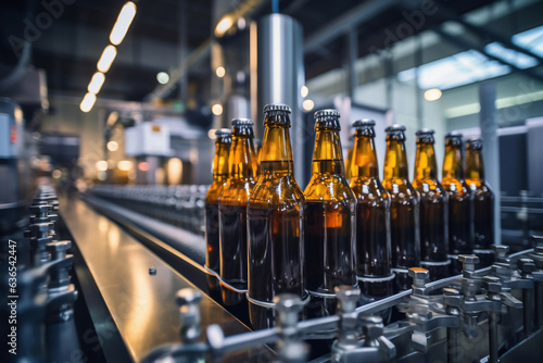 Factory for the production of beer. Brewery conveyor with glass beer drink alcohol bottles  modern production line. Blurred background. Modern production for bottling drinks. Selective focus.