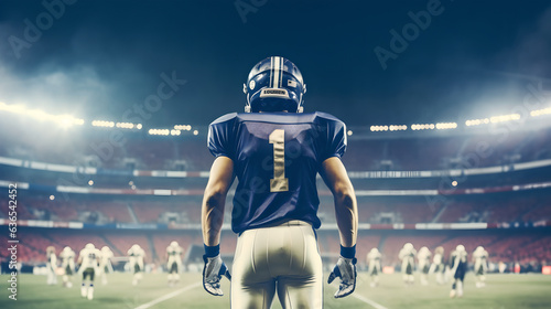 Back view american football player standing in the middle of stadium, confident strong american football player walking on field