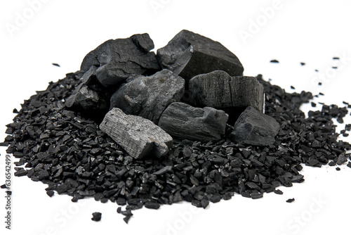 Photos Pile of natural activated carbon scattered isolated on white background