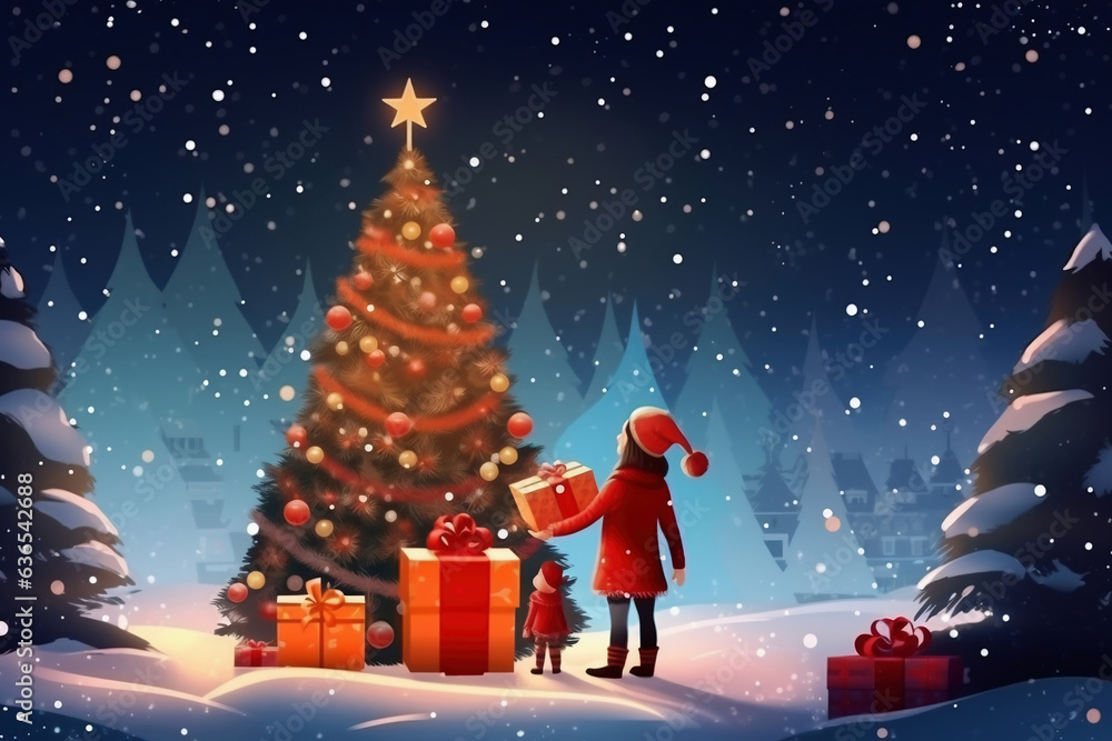 Merry Christmas and Happy Holidays! Cheerful mother and her cute daughter exchange gifts. A parent and a small child have fun near the Christmas tree on the street. Stylization as a vector drawing.