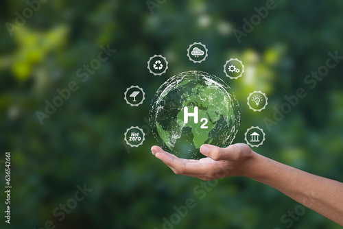 H2 Future climate-friendly energy solutions green industry and alternative energy To achieve net zero greenhouse gas emissions, clean hydrogen energy concept.