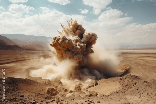 Nuclear explosion in the desert. Puffs of sand and ash against the sky. Apocalypse. War. Nuclear threat. Third World War.