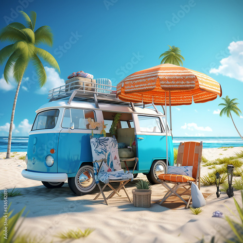Ready for summer travel. Blue van with deck chair and beach accessory 3D Rendering, 3D Illustration Generative AI 