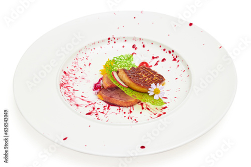 Fotografi Foie gras and smoked duck breast with mixed berry sauce in white dish isolated on white background