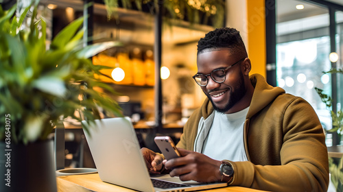 Modern African American man working with laptop and smiling while sitting at cafe table. Happy young black man working on a laptop in coffee shop