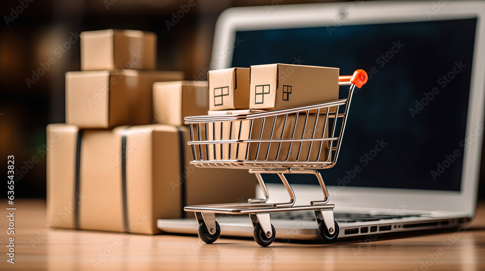 Close up shopping cart and product package boxes with laptop, Shopping service on The online web. Miniature cardboard boxes on shopping cart with laptop computer