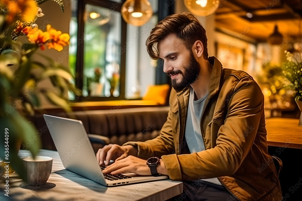 Happy small business owner working online. Young man using his laptop while resting in cafe Happy small business owner working online. Young man using his laptop while resting in cafe