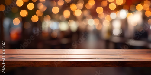 Abstract Blurred Cafe Background: Empty Wooden Table Top with Bokeh and Blank Space for Product on Restaurant Desk
