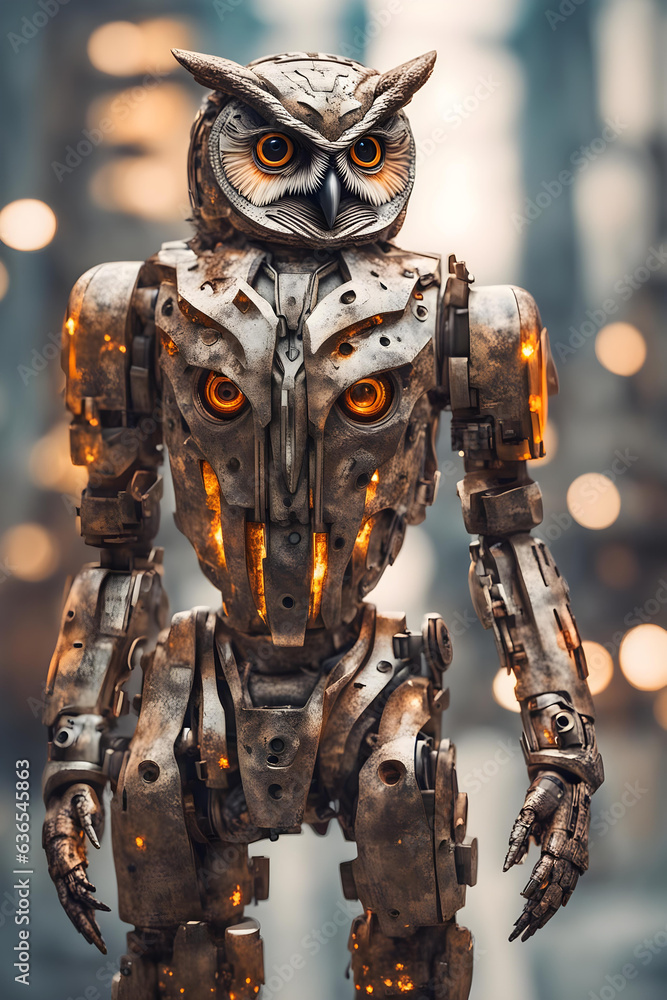 Cyber Owl in city in camo worn mech suit Cyber Owl in city in camo worn mech suit