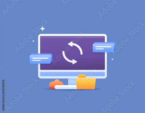 Data restoration on the computer. recovery of information data on the database. synchronization and troubleshooting. The computer monitor displays the system restoration process on the screen.
