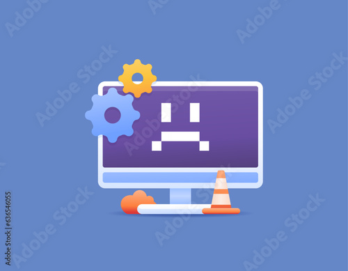 Glitches and errors in the system. technical problems. The computer is crashed. Damage and problems with hardware or software. Computer monitor with a sad face screen display. illustration concept