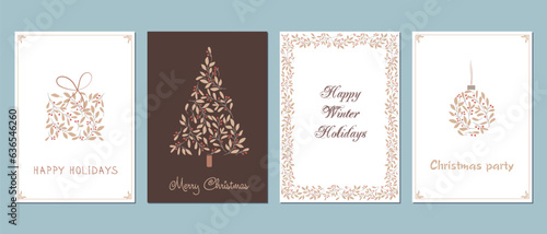A set of postcards. Christmas card. Christmas tree, Christmas tree decoration, Christmas gift. Postcard for various occasions