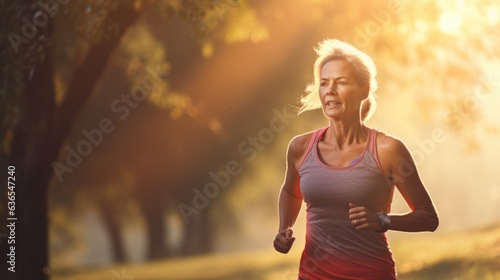 A healthy senior woman is running for health in the morning sunrise at park.