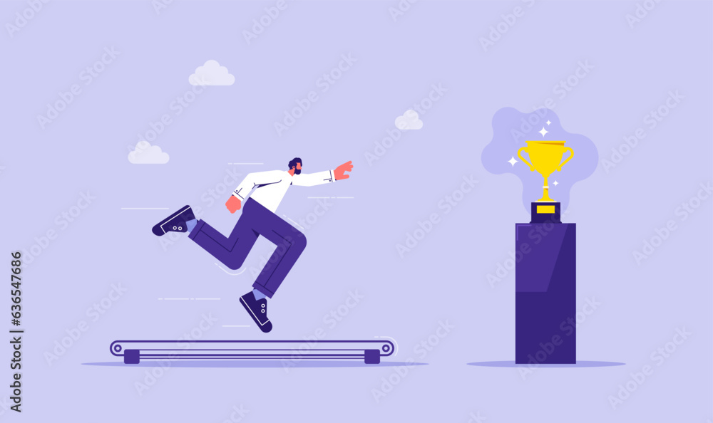 Businessman running on the treadmill trying to achieve success trophy, concept of hopeless effort Businessman running on the treadmill trying to achieve success trophy, concept of hopeless effort