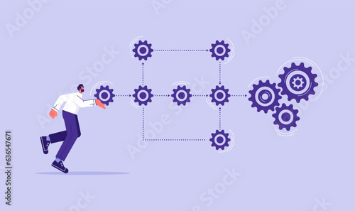 Business process and workflow automation with flowchart, businessman holding gear sign arranging processing management