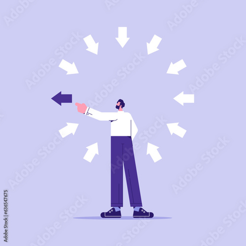 Many arrows inside and one outside moving, think different, Businessman choose different way and discover new opportunity
