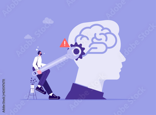 Change mindset or attitude, psychology or brain training to learn new skill to success concept, businessman with wrench to adjust gear cogwheels on human head metaphor of mindset