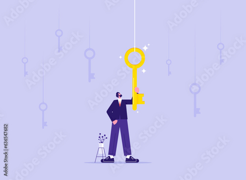 Business career opportunities and motivation concept, businessman try holding up a golden key to opening lock