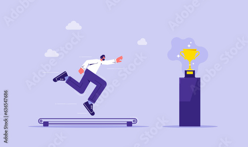 Businessman running on the treadmill trying to achieve success trophy, concept of hopeless effort