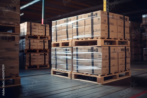 Package Boxes Wrapped Plastic Stacked on Pallets in Storage Warehouse. Supply Chain. Storehouse Distribution. Cargo Shipping Supplies Warehouse Logistics, neural network generated image