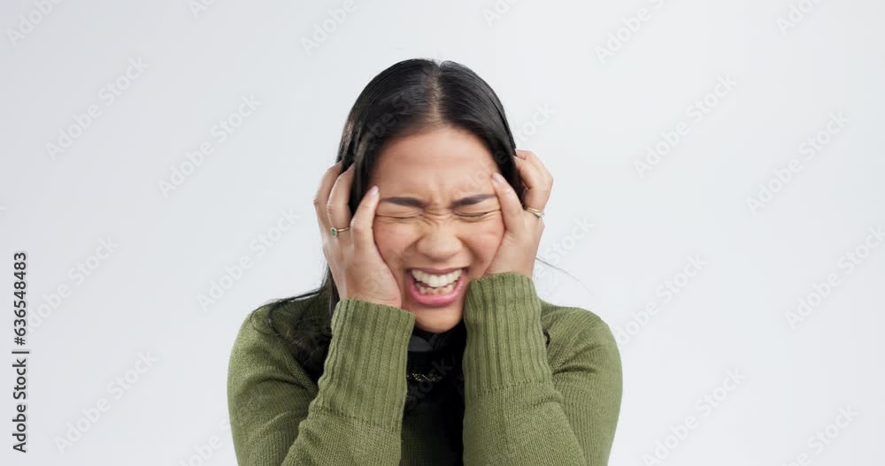 Anger, stress and screaming with woman in studio for anxiety, burnout and challenge. Mental health, noise and mistake with person and crisis on white background for failure, frustrated and shouting Anger, stress and screaming with woman in studio for anxiety, burnout and challenge. Mental health, noise and mistake with person and crisis on white background for failure, frustrated and shouting