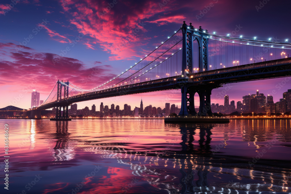 Fototapeta premium purple bridge spanning over a river with boat 