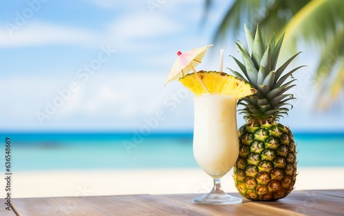 Pina Colada Cocktail Glass Adorned with Pineapple Slice. Generative AI