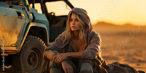 beautiful and mysterious woman sitting in the wasteland next to a broken off road vehicle, a lonely female nomad in a dystopian desert landscape