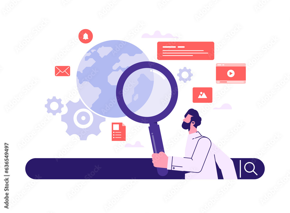 Man in search bar looking through magnify glass. Concept of searching, finding, information service, Q and A, customer support, find the answer Man in search bar looking through magnify glass. Concept of searching, finding, information service, Q and A, customer support, find the answer