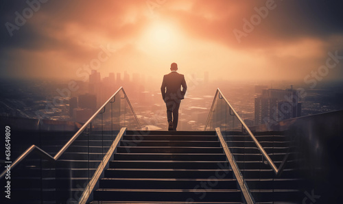 back view of businessman ascending stairs toward skyward goals and serene morning sunrise in double exposure