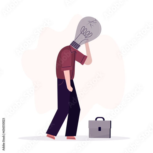 Burnout at work. Unhappy businessman with extinguished light bulb instead of head. Not creative employee, lack of ideas. Problem with imagination and creativity