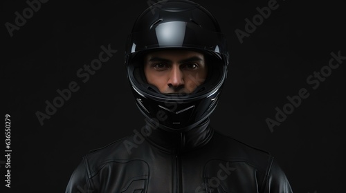 Handsome motorcyclist posing in a black helmet.  © DZMITRY