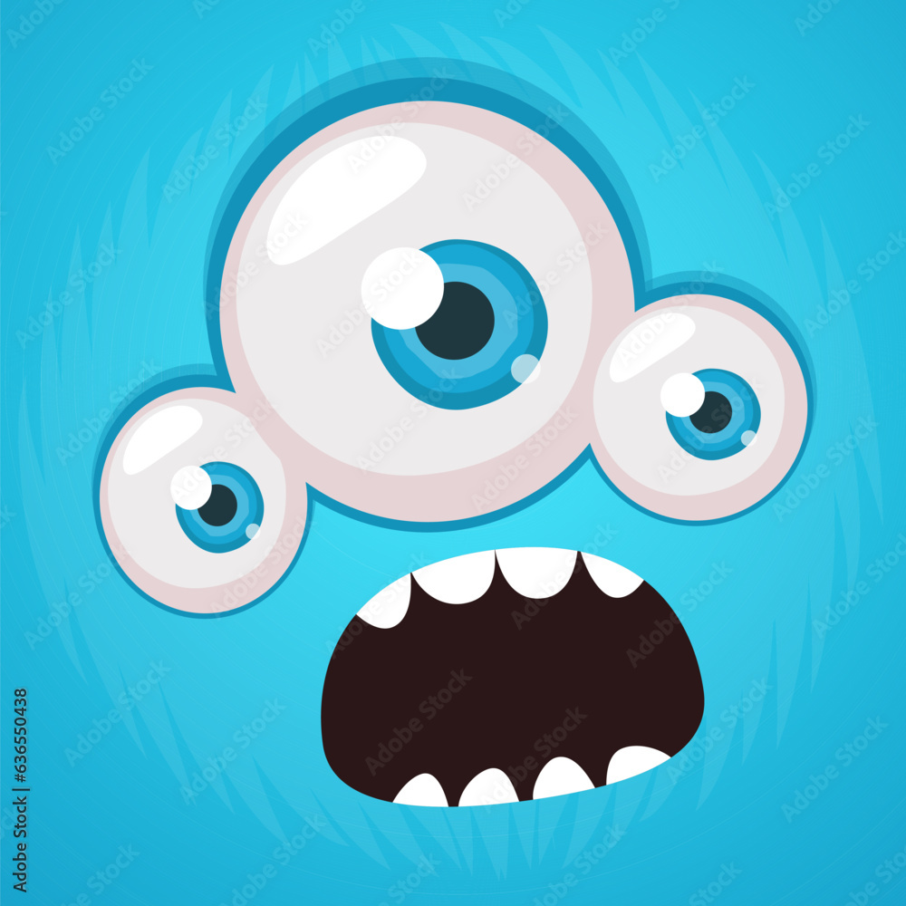 Cartoon monster face with three eyes. Vector Halloween monster illustration. Great for package design or party decoration Cartoon monster face with three eyes. Vector Halloween monster illustration. Great for package design or party decoration