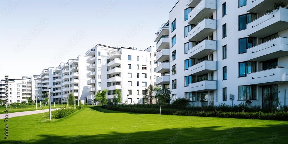 Modern white apartment with green grass landscape. Luxury condo design with background. Stylish and sky view Modern white apartment with green grass landscape. Luxury condo design with background. Stylish and sky view