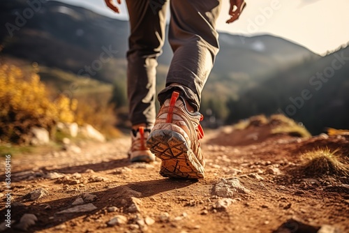 Men's legs with sports shoes and a backpack run along a mountain path.