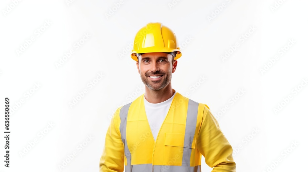 Portrait of male architect engineer in uniform on white background. Created using generative AI technology. Portrait of male architect engineer in uniform on white background. Created using generative AI technology.