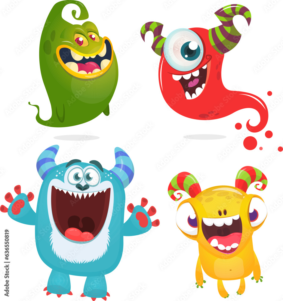 Naklejka premium Funny cartoon monsters set: monster yeti troll gremlin and alien creatures. Halloween vector design isolated